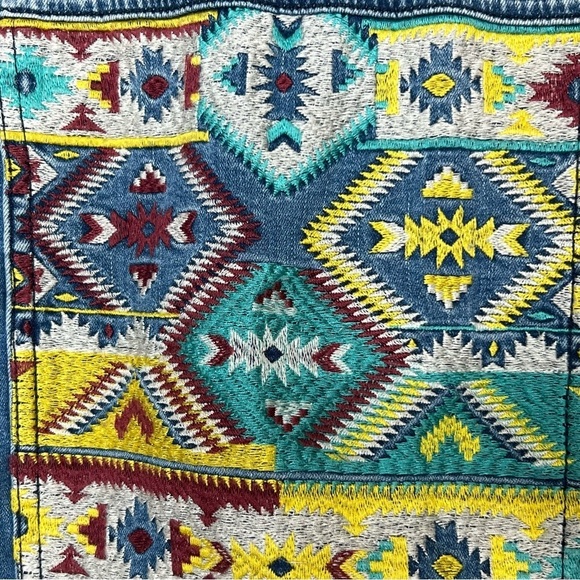 LULAROE Womens XXS Jaxon Denim Jean Jacket Colorful Aztec Embroidery Stretch - Picture 10 of 11